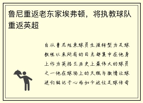 鲁尼重返老东家埃弗顿，将执教球队重返英超